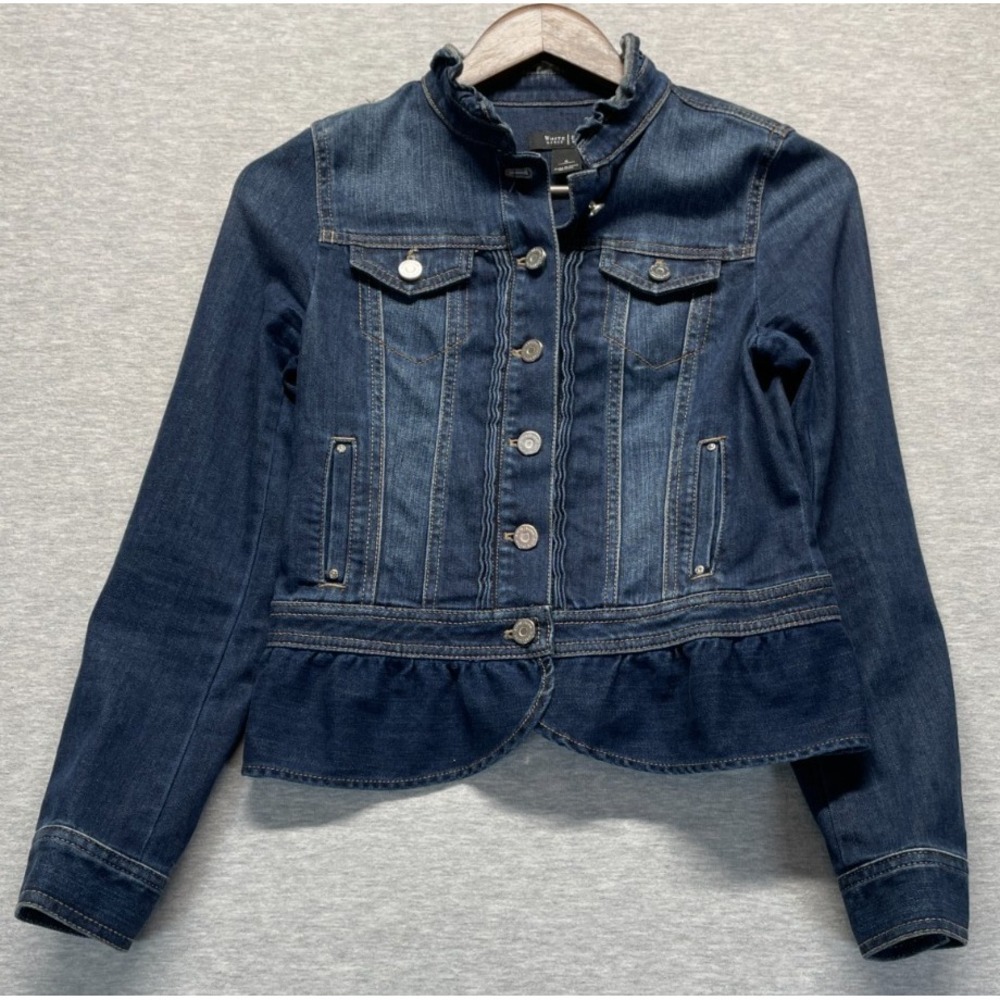 White House Black Market Peplum Denim Jacket Womens 0 Blue Cotton Ruffled Collar